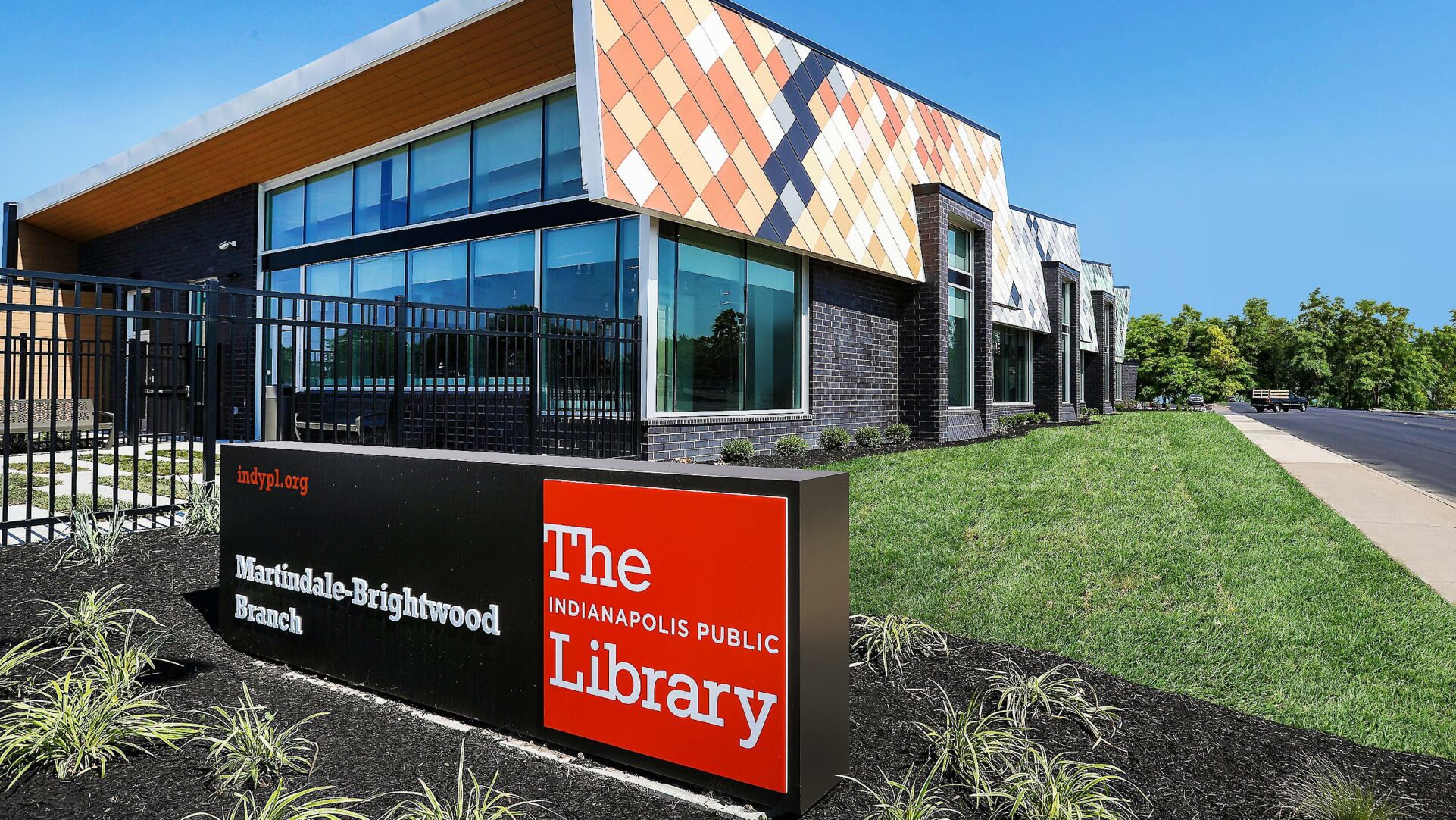 Close up of exterior sign in front of the Martindale-Brightwood Branch of the Indianapolis Public Library