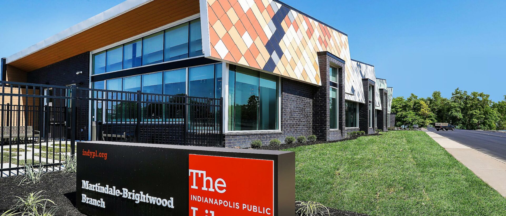 Close up of exterior sign in front of the Martindale-Brightwood Branch of the Indianapolis Public Library